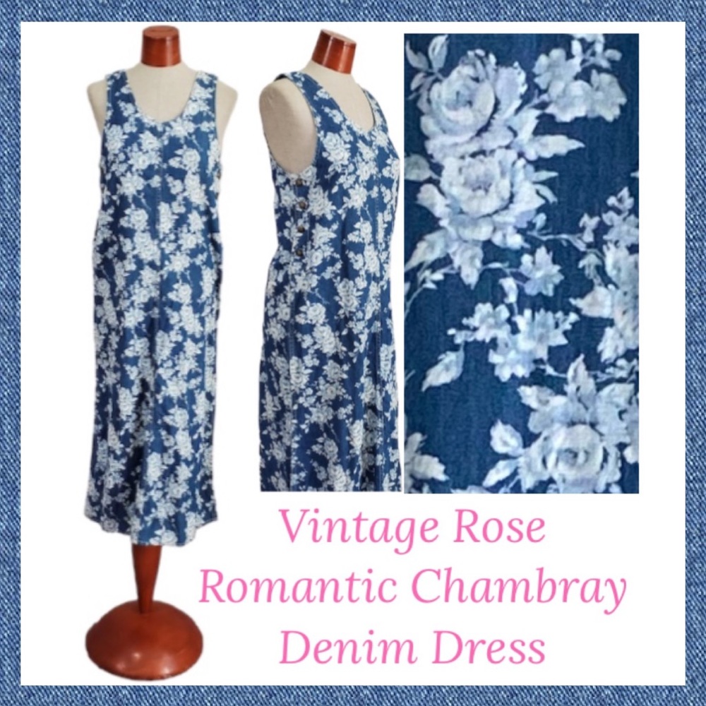 Vintage Y2K Floral Roses Chambray Denim Jumper Dress Straight Sheath 90’s 2000’s